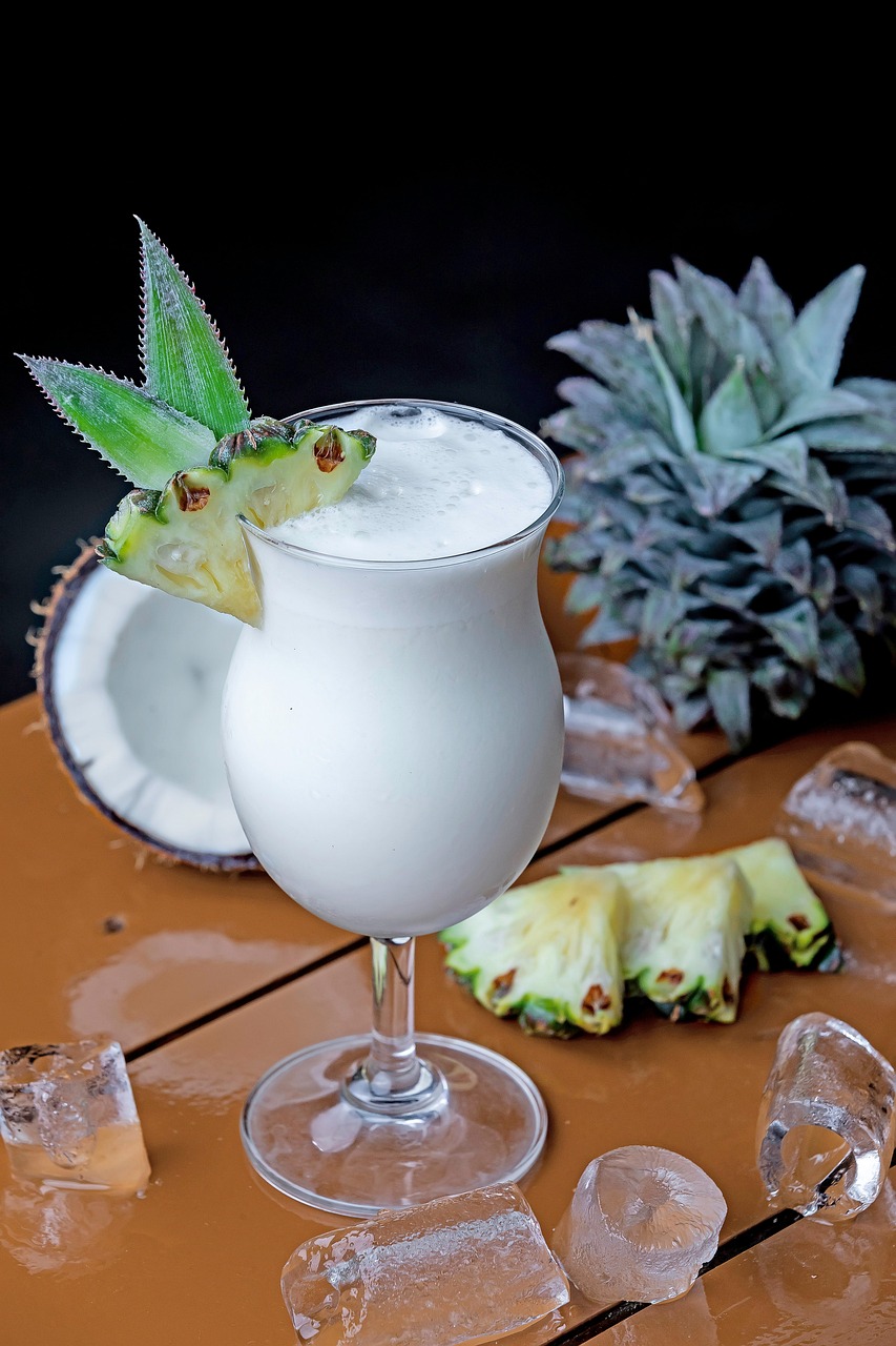 Ingredience na Piña Coladu — bílý rum, kokosový krém, ananasový džus