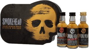 Smokehead, tři miniatury kouřové skotské whisky po 0,05 l v plechové krabičce